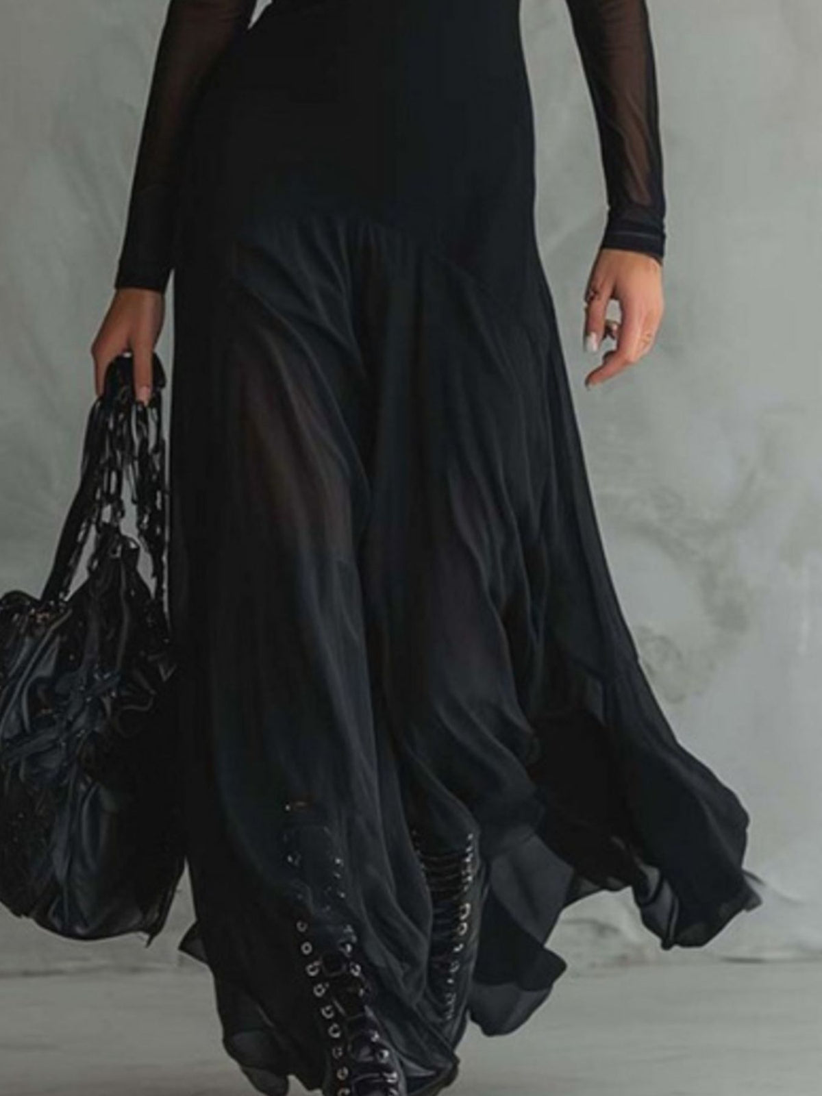 Black sheer mesh maxi two piece set side detail