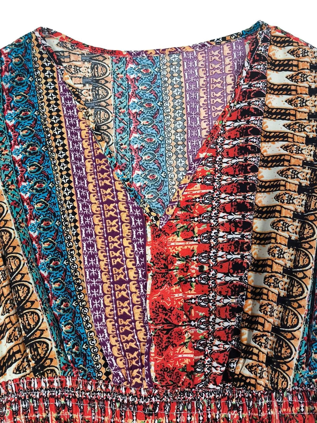 Boho print ruffle sleeve slit dress three quarter view