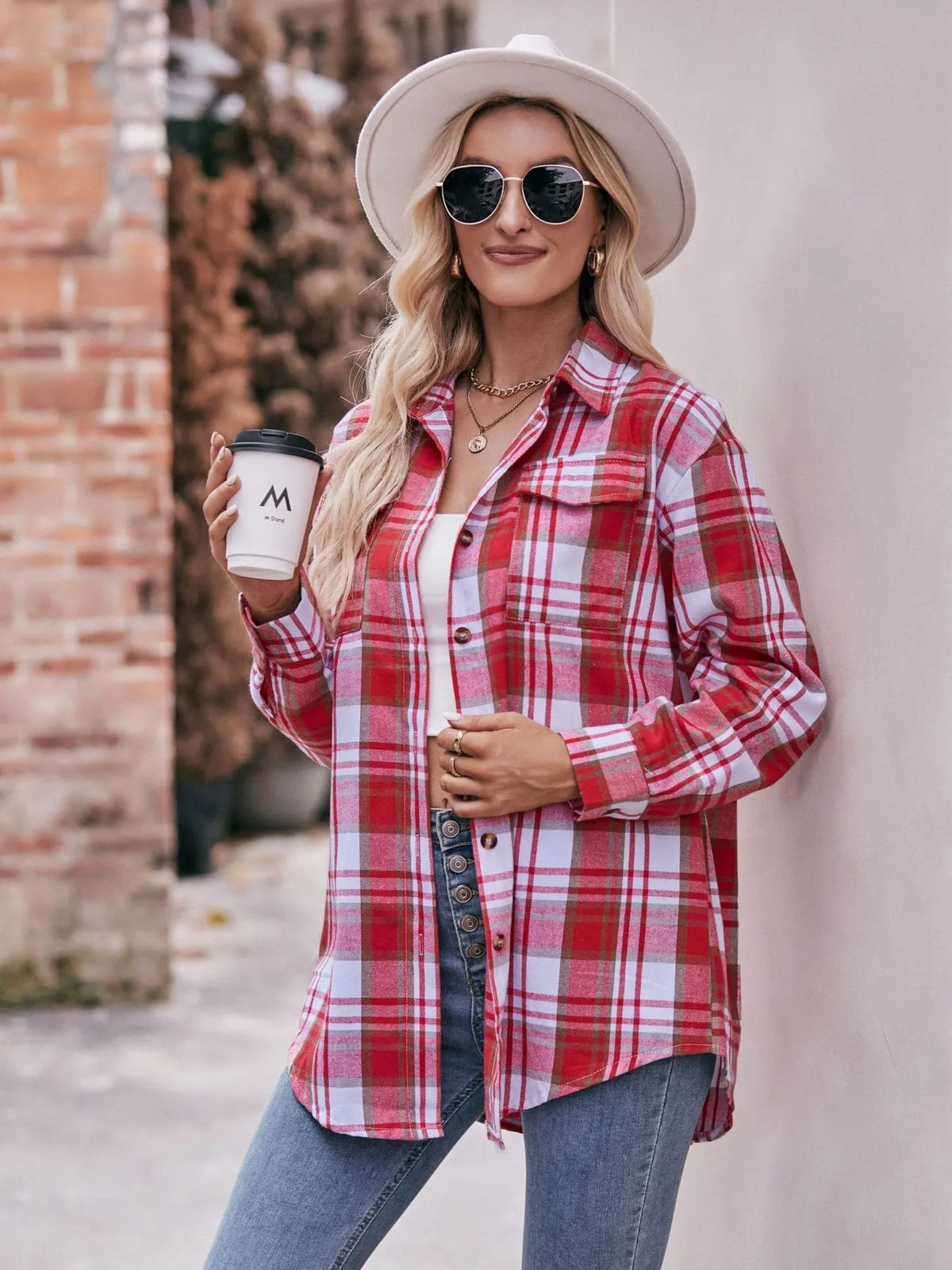 Close up detail of the chest pocket and plaid pattern