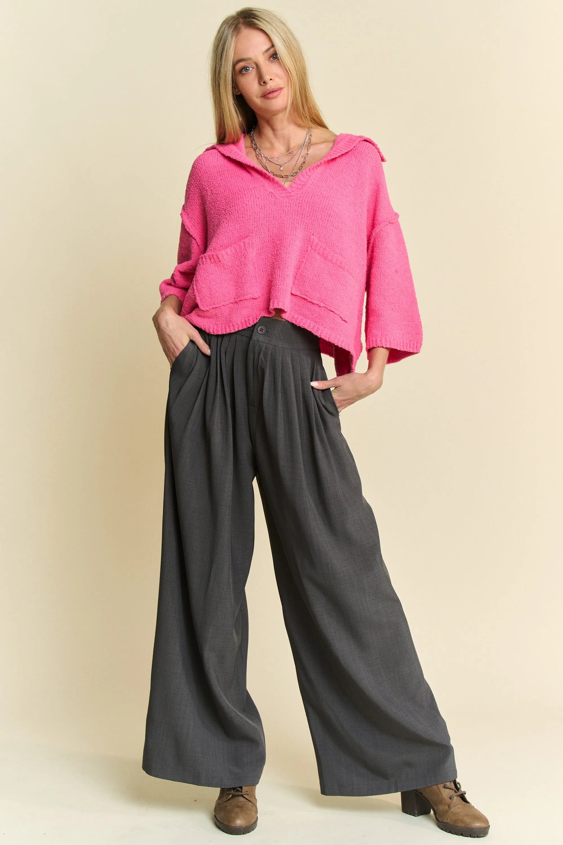 Davi & Dani Solid Back Pocket Shirring Detail Wide Leg Pants - Fashorio