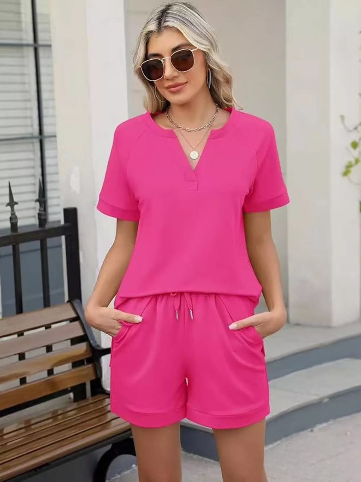 Solid Short Sleeve Top and Shorts Set, view 21