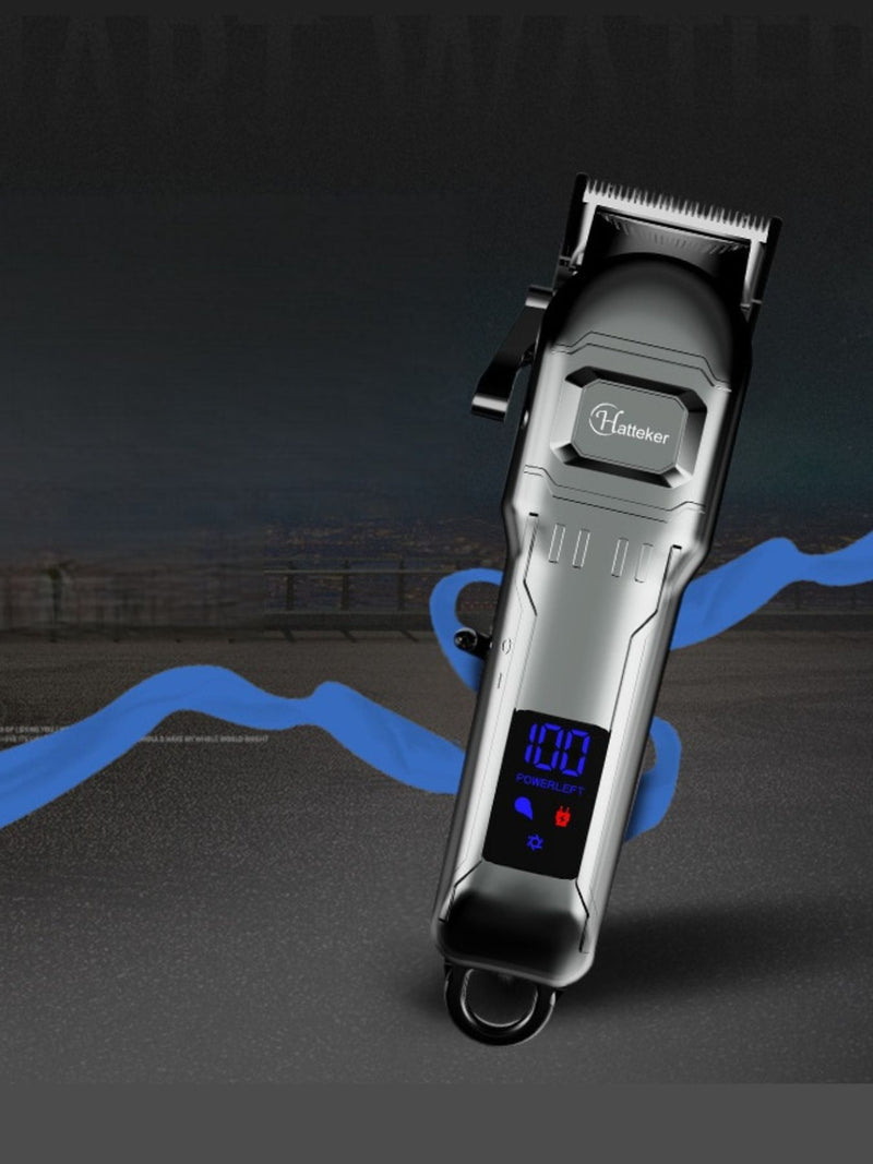 Silver cordless hair clipper with LED display
