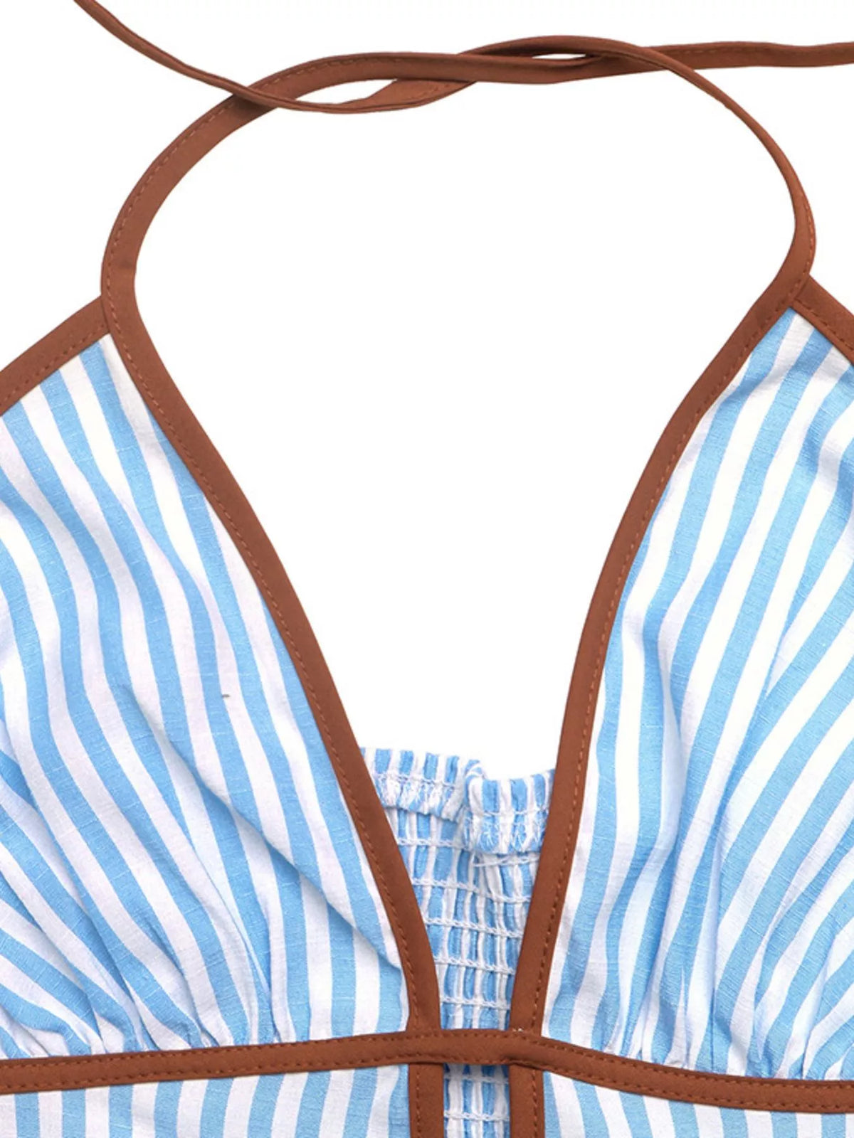 Blue striped halter neck maxi dress three quarter view