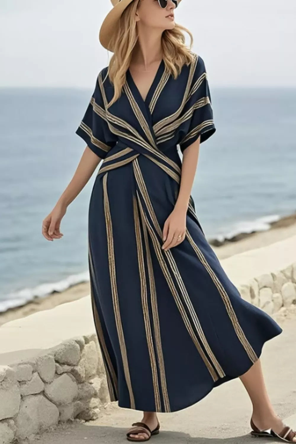 striped wrap half sleeve maxi dress back view