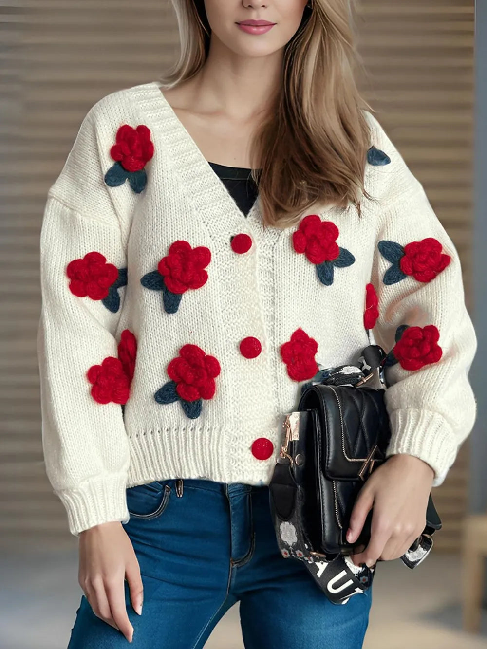 Flower Button Down V-Neck Long Sleeve Cardigan - Fashorio