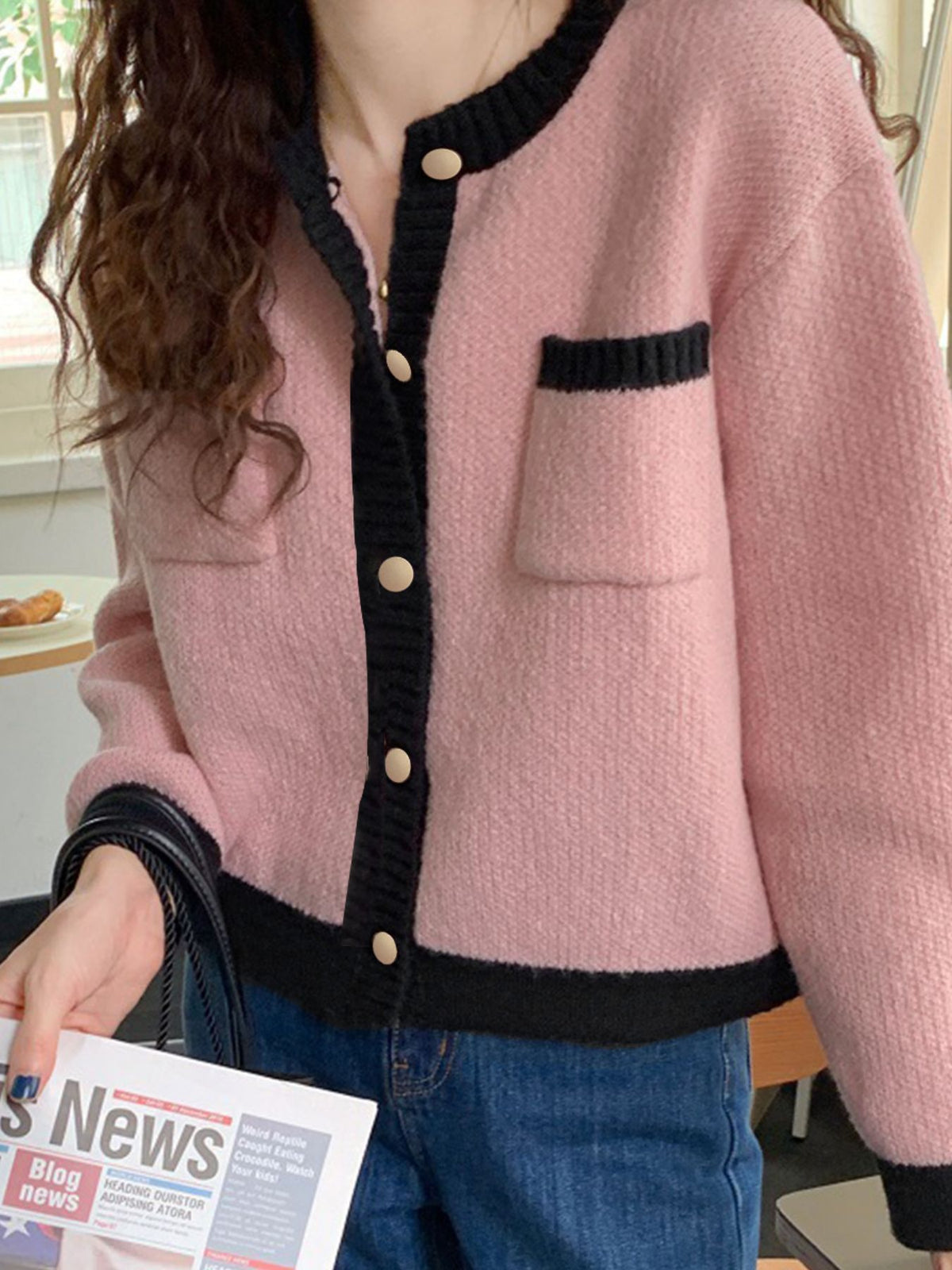 Contrast trim button up cardigan front