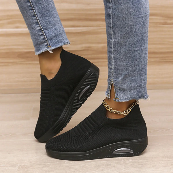 Breathable Mesh Wedge Sneakers Black - Fashorio
