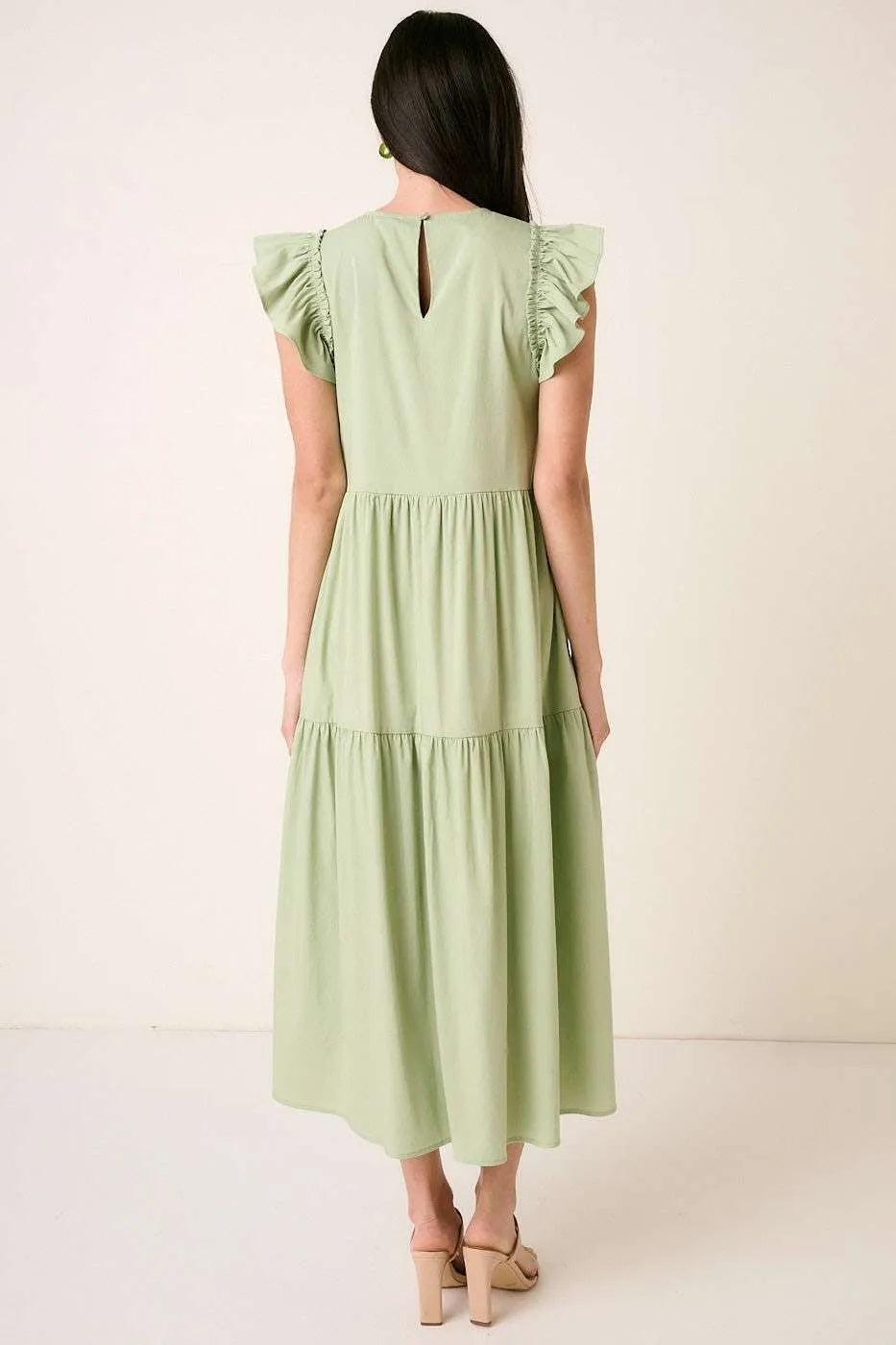 Mittoshop ruffle short sleeve tiered maxi dress in sage back view