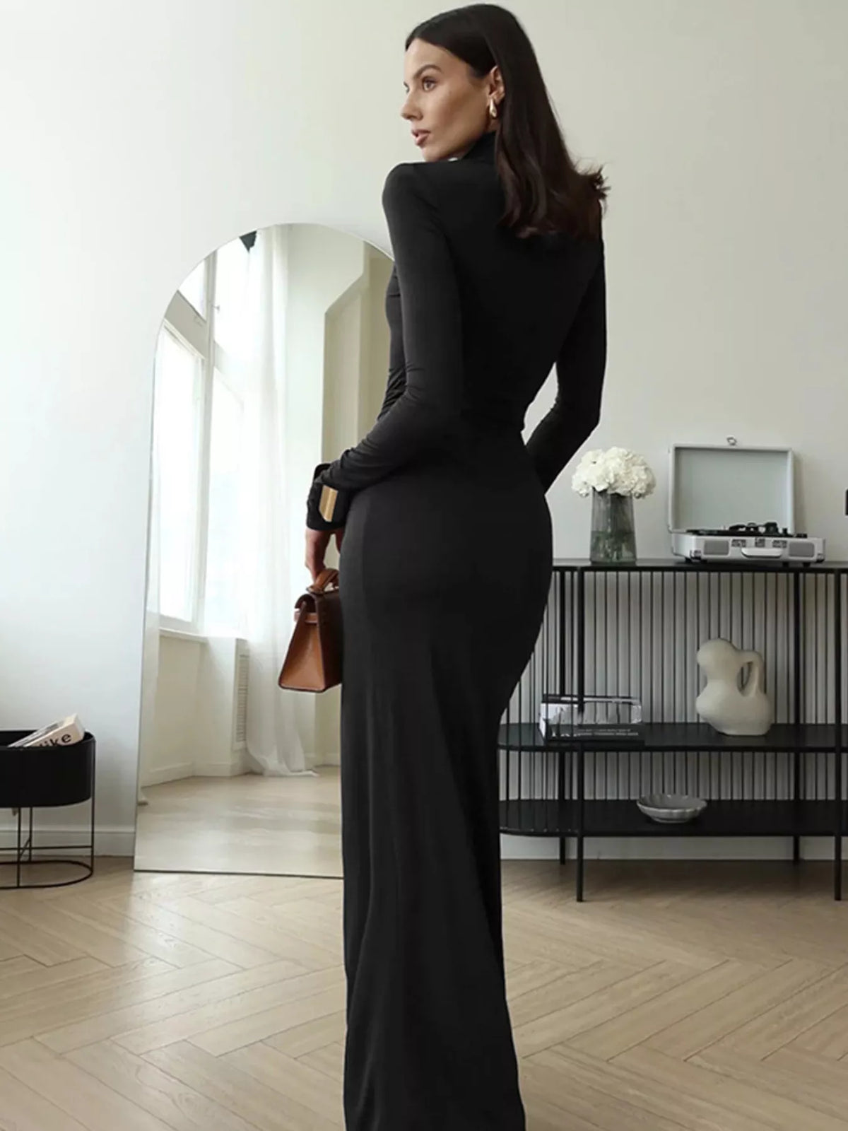 Turtleneck Long Sleeve Tie Waist Maxi Dress view 16