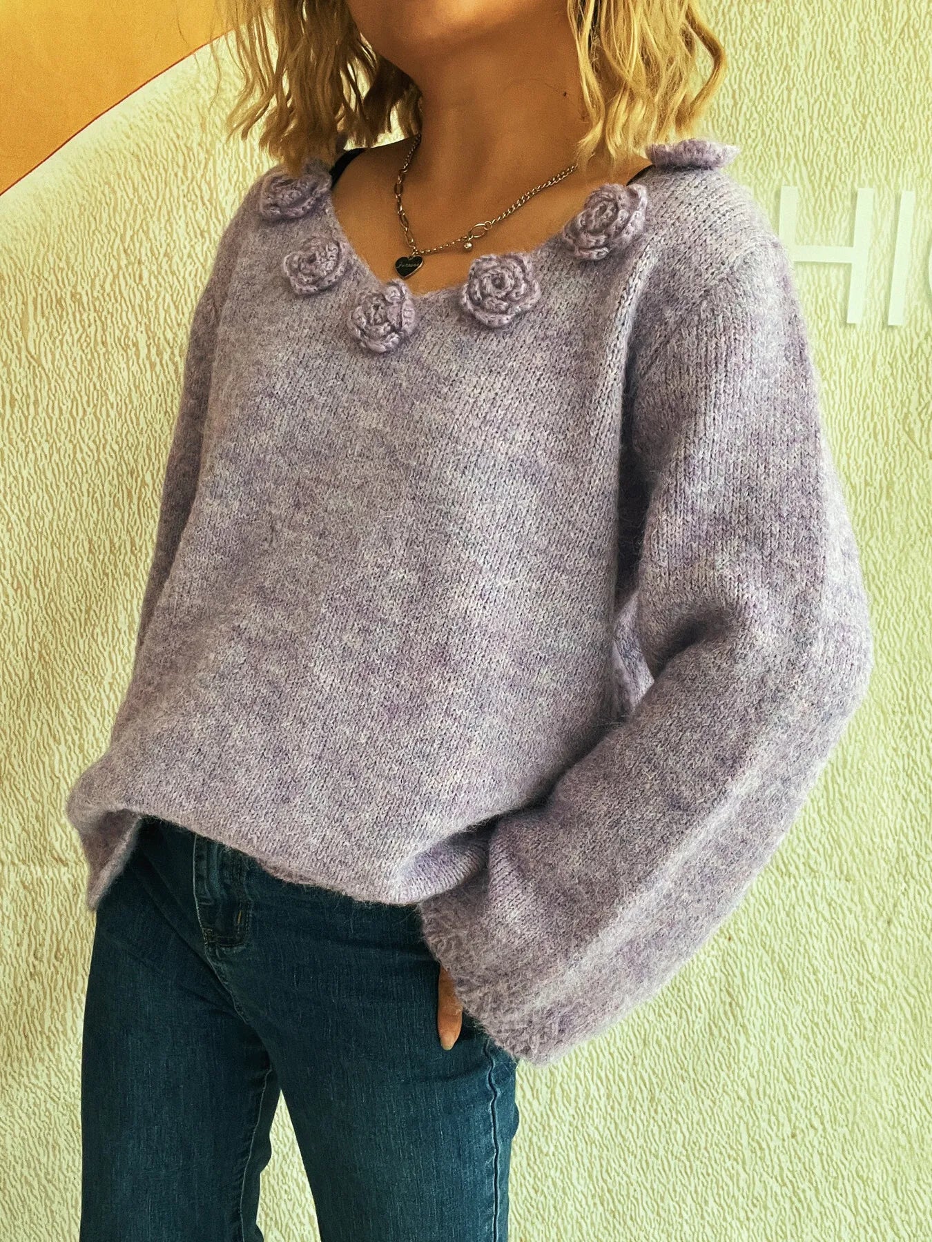 Flower V-Neck Long Sleeve Sweater - Fashorio