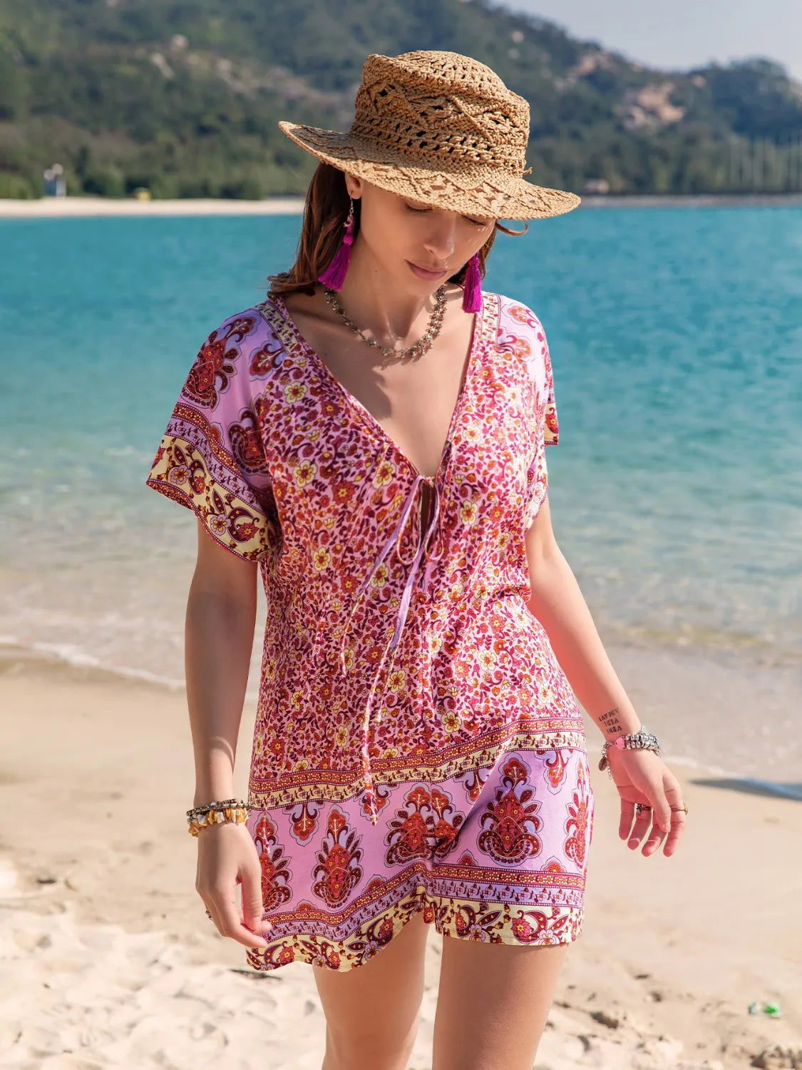 Short sleeve printed romper side view