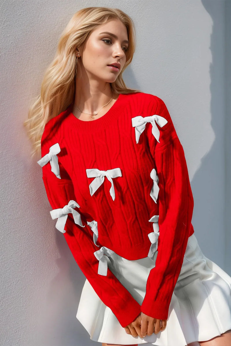 Bow cable knit round neck sweater front view