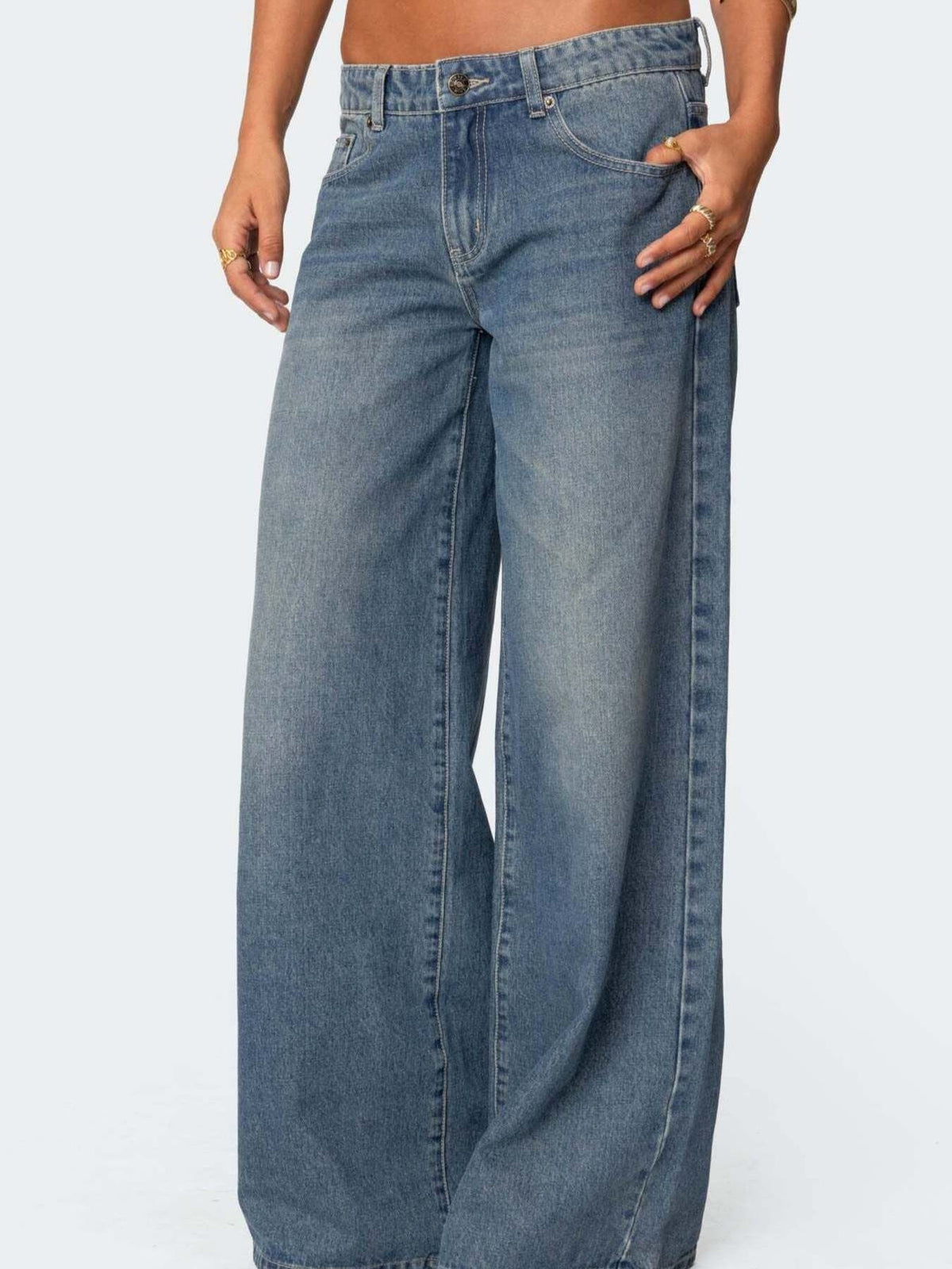 Vintage wash wide leg denim jeans side view
