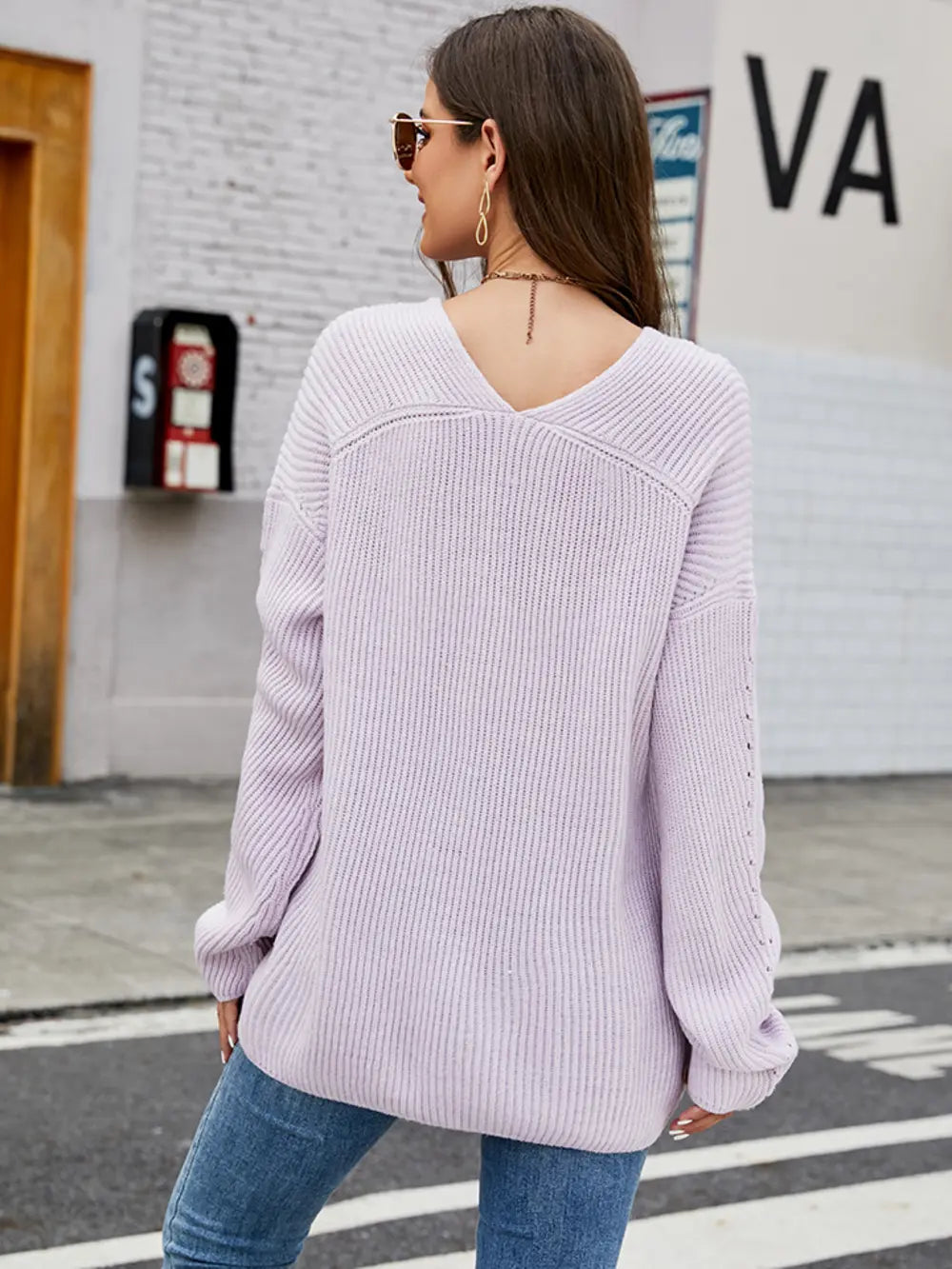 Openwork Dropped Shoulder Long Sleeve Sweater - Fashorio