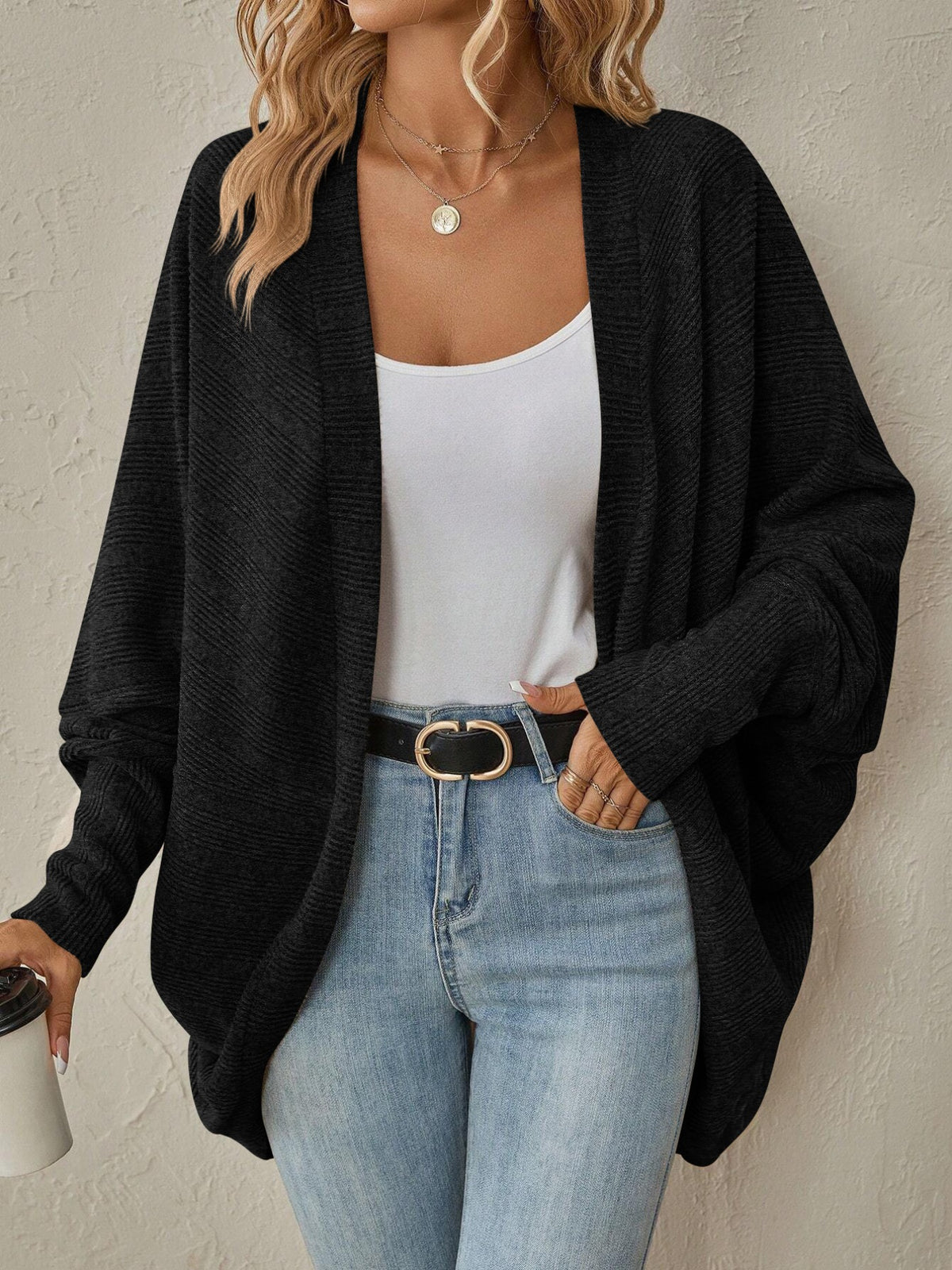 Batwing cardigan layered outfit