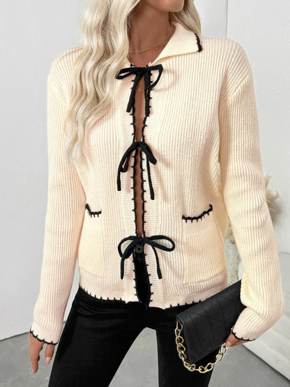 Tie Front Long Sleeve Cardigan Apricot - Fashorio