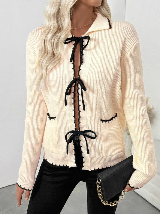 Tie Front Long Sleeve Cardigan Apricot - Fashorio