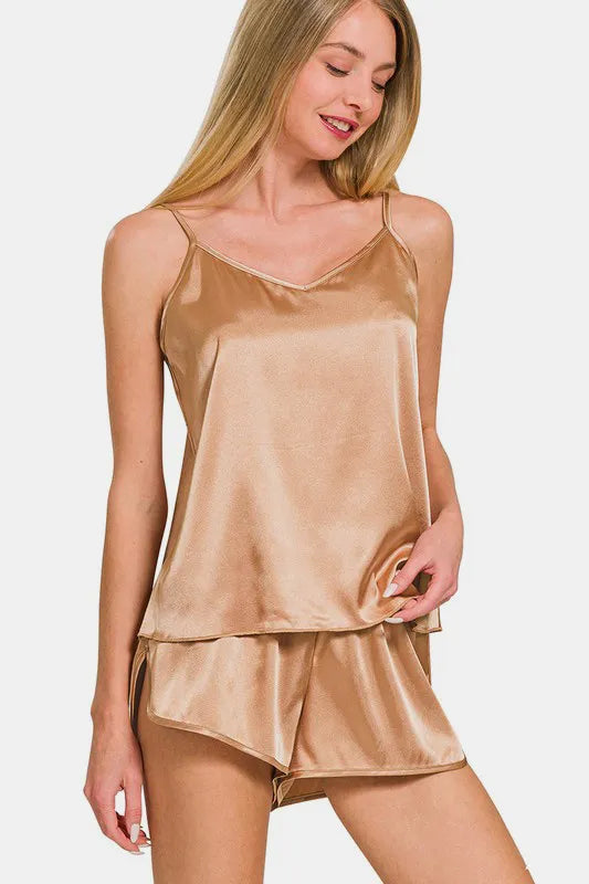 Zenana V-Neck Satin Cami and Elastic Waist Shorts Lounge Set - Fashorio