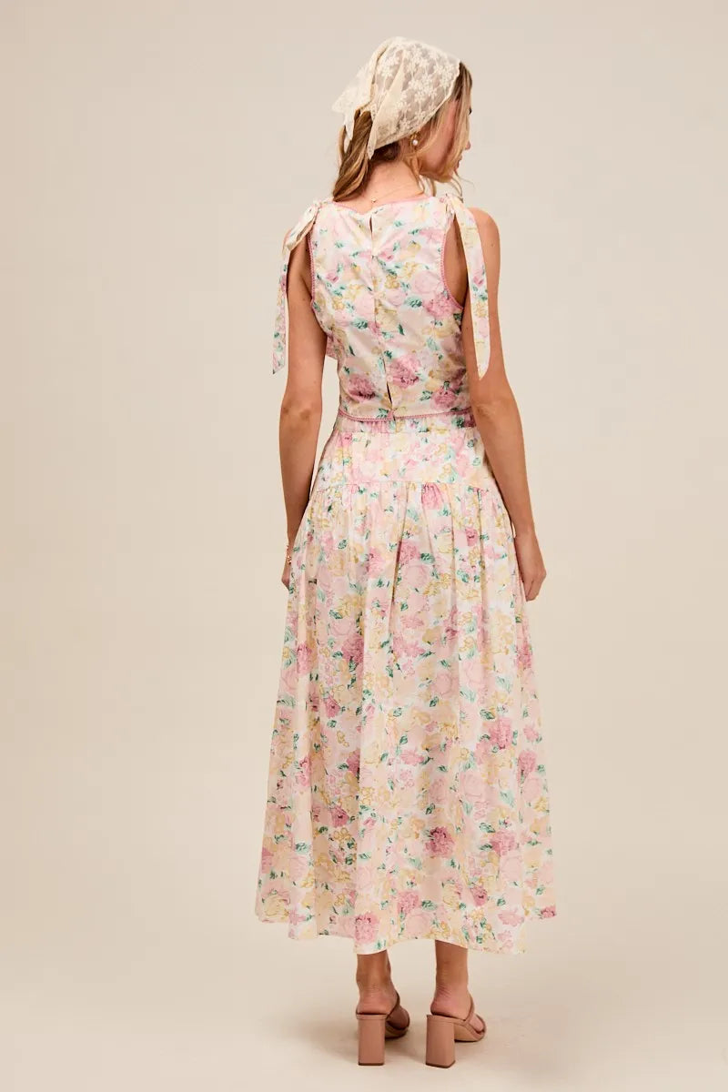 SO ME Floral Printed Woven Shoulder Bow Tie Top and Skirt Set - Fashorio
