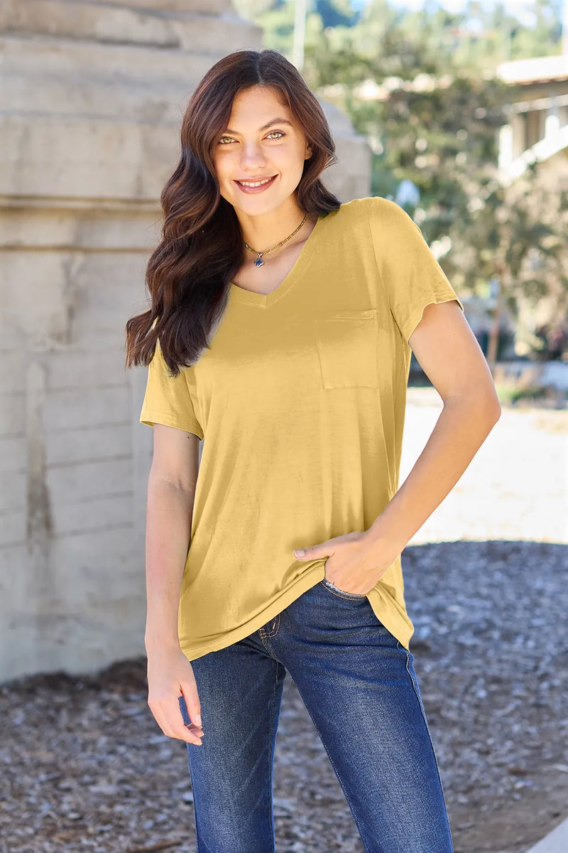 Front view of bamboo v neck short sleeve top