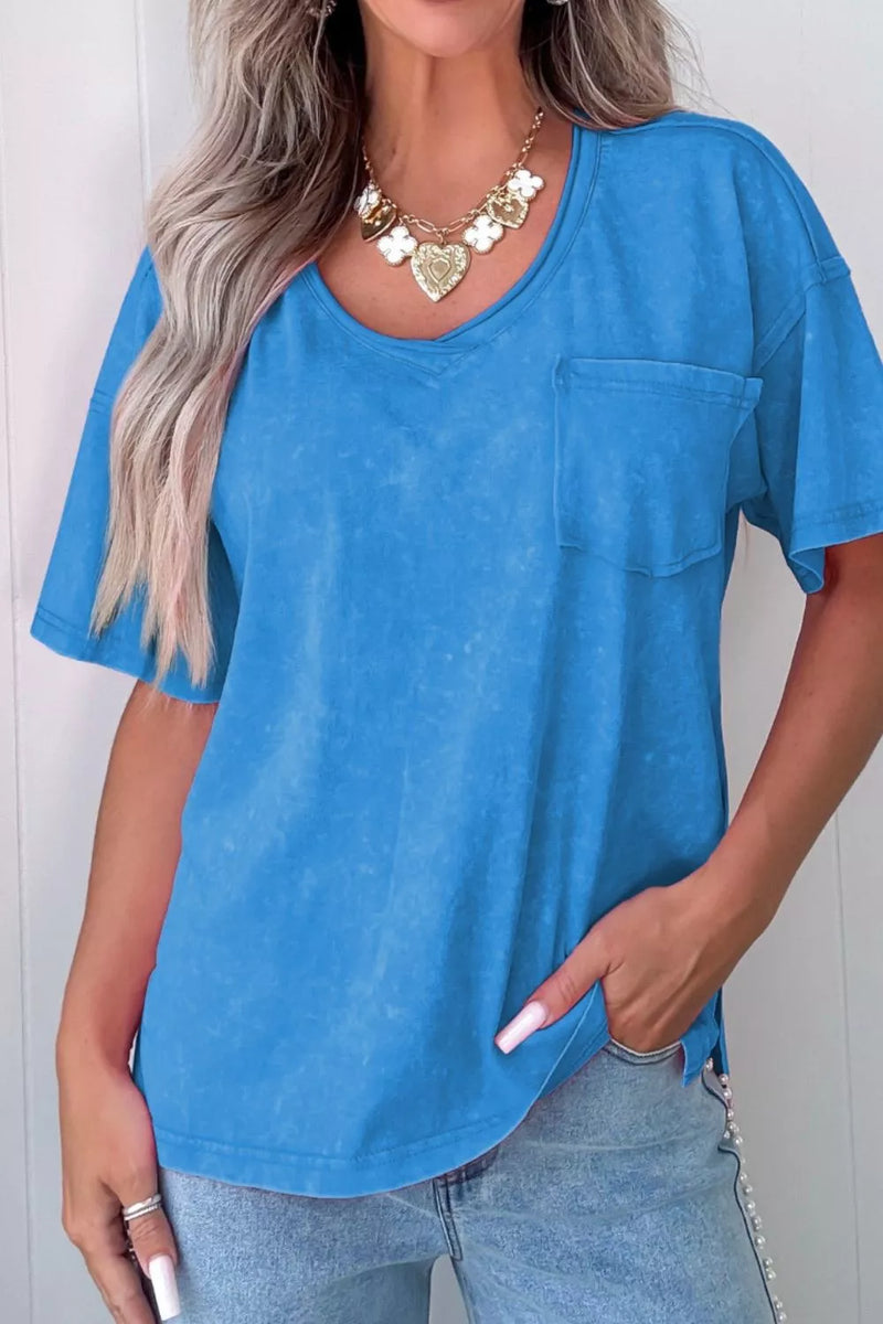 Blue pocketed short sleeve cotton tee front view