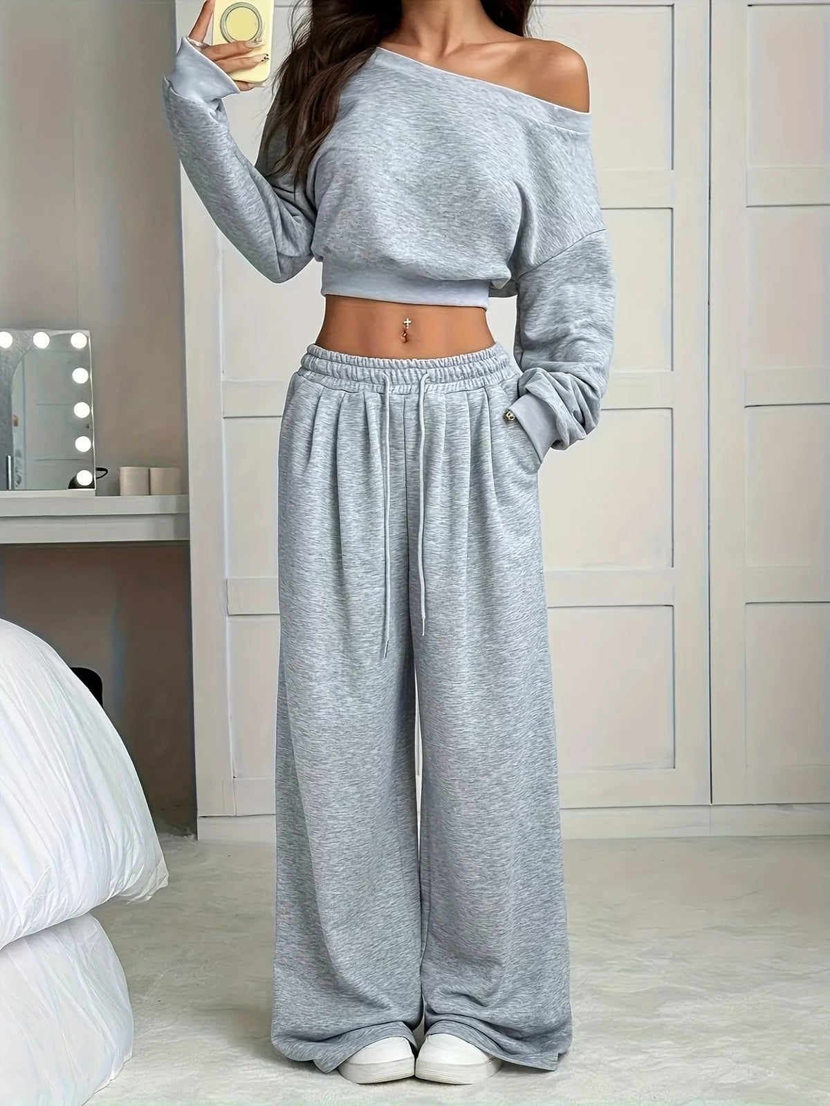 Boat neck crop top wide leg pants set detail view