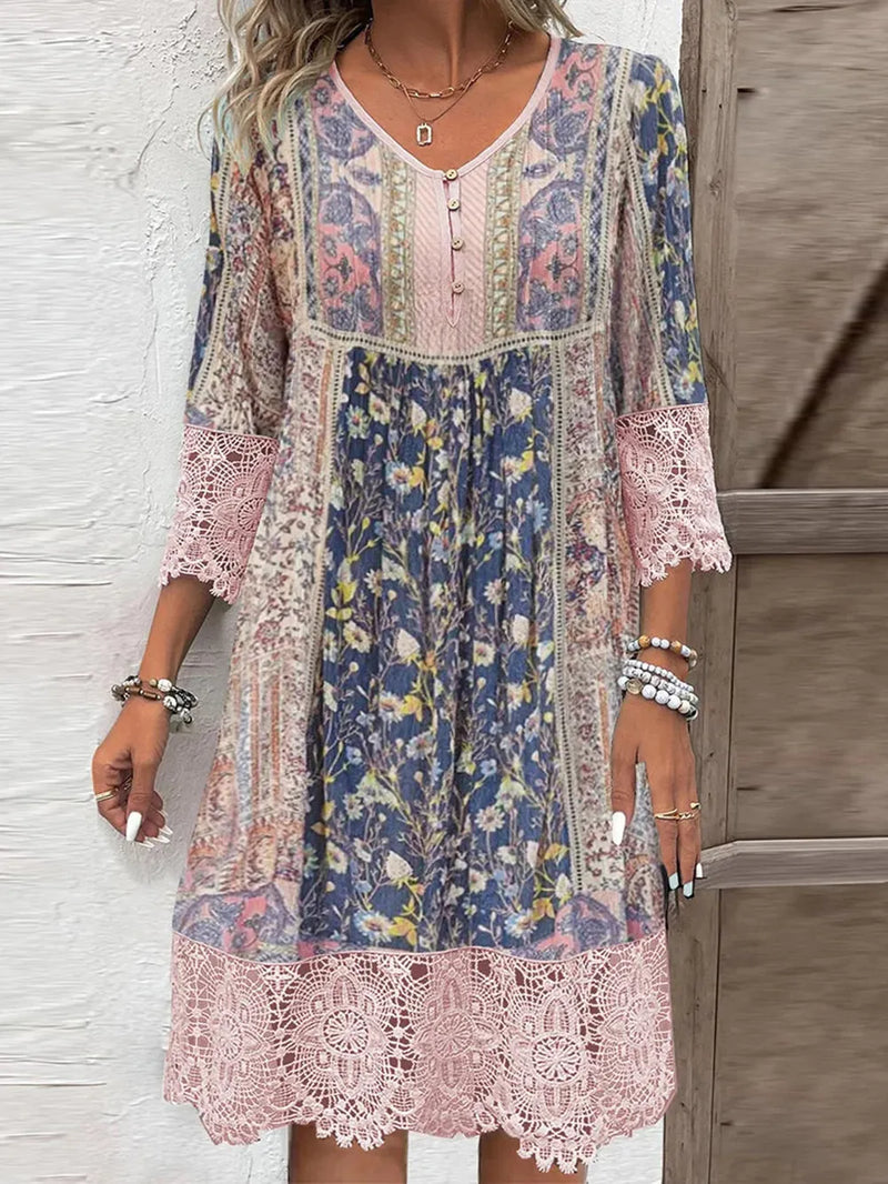 Lace detail printed three quarter sleeve maxi dress front view