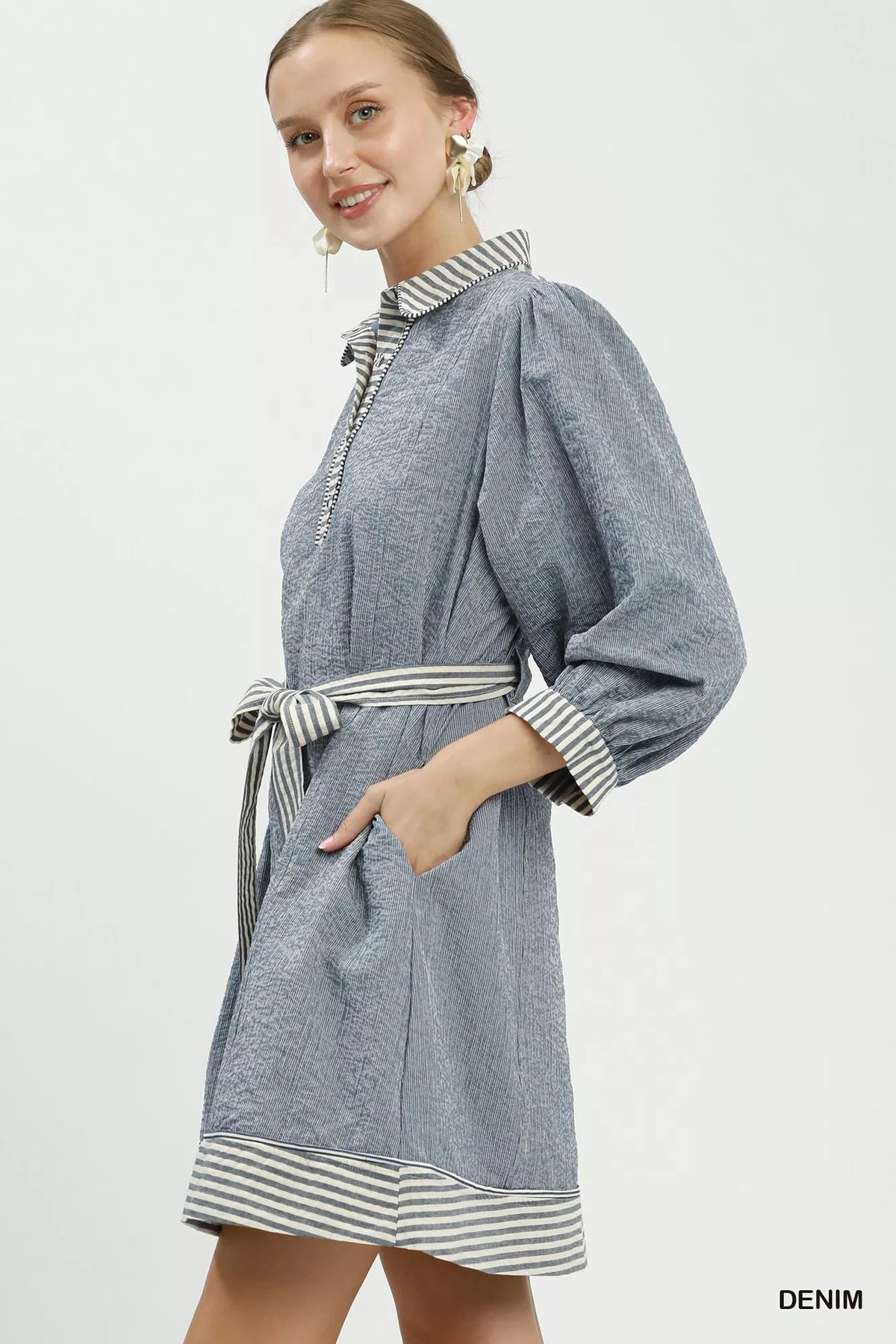 Belted stripe mini dress back view
