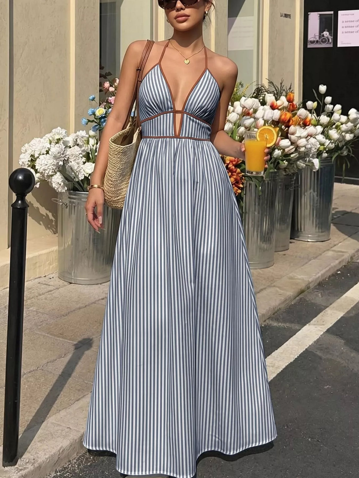 Navy blue striped maxi dress full length view