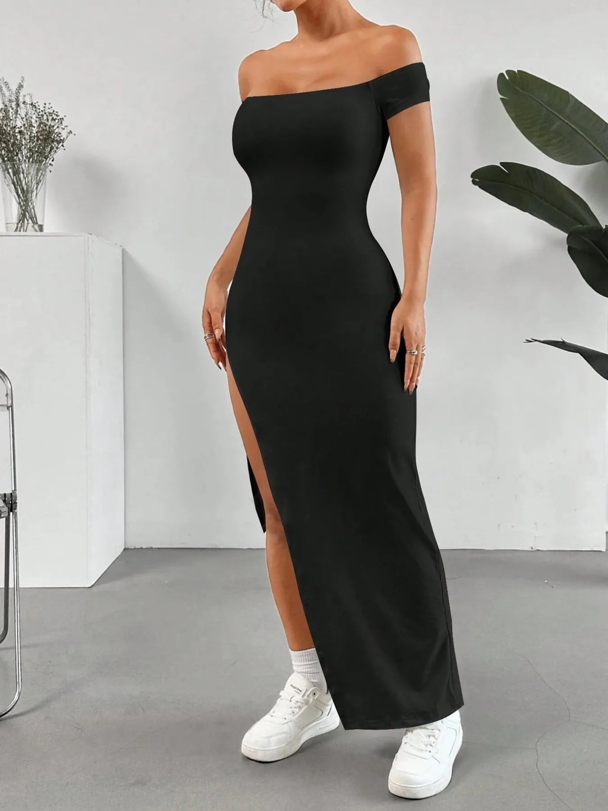 Black off shoulder high slit bodycon maxi dress, full length styling