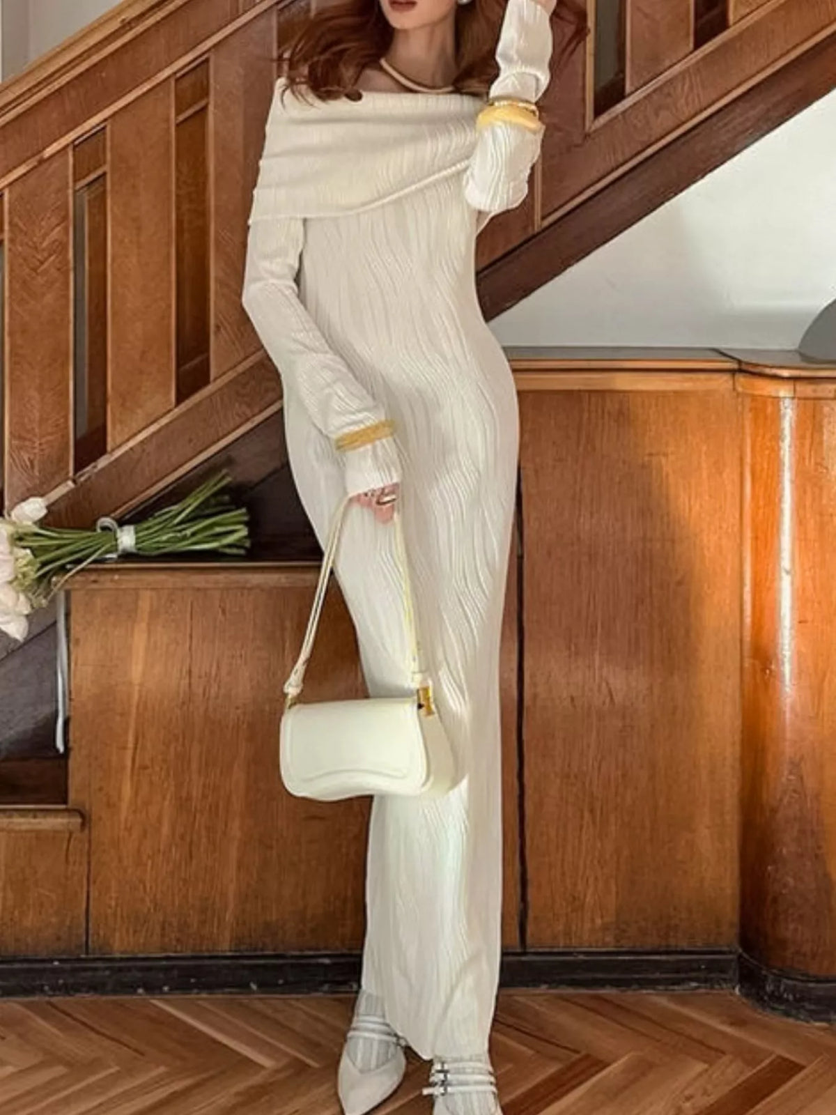 Ivory off shoulder textured knit maxi dress, detail of neckline