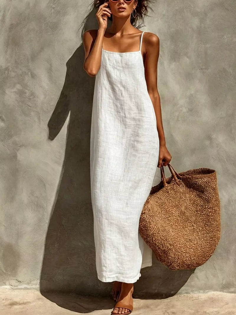 Sleeveless linen feel maxi dress front view