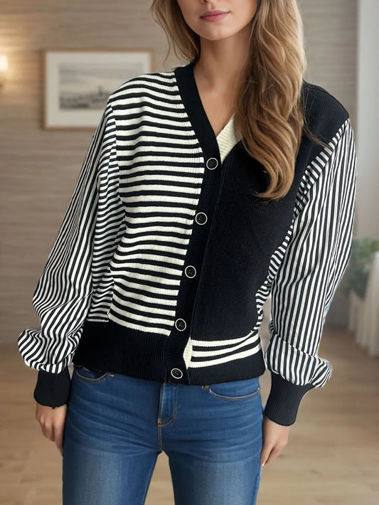 Striped Button Down Long Sleeve Cardigan Black One Size - Fashorio