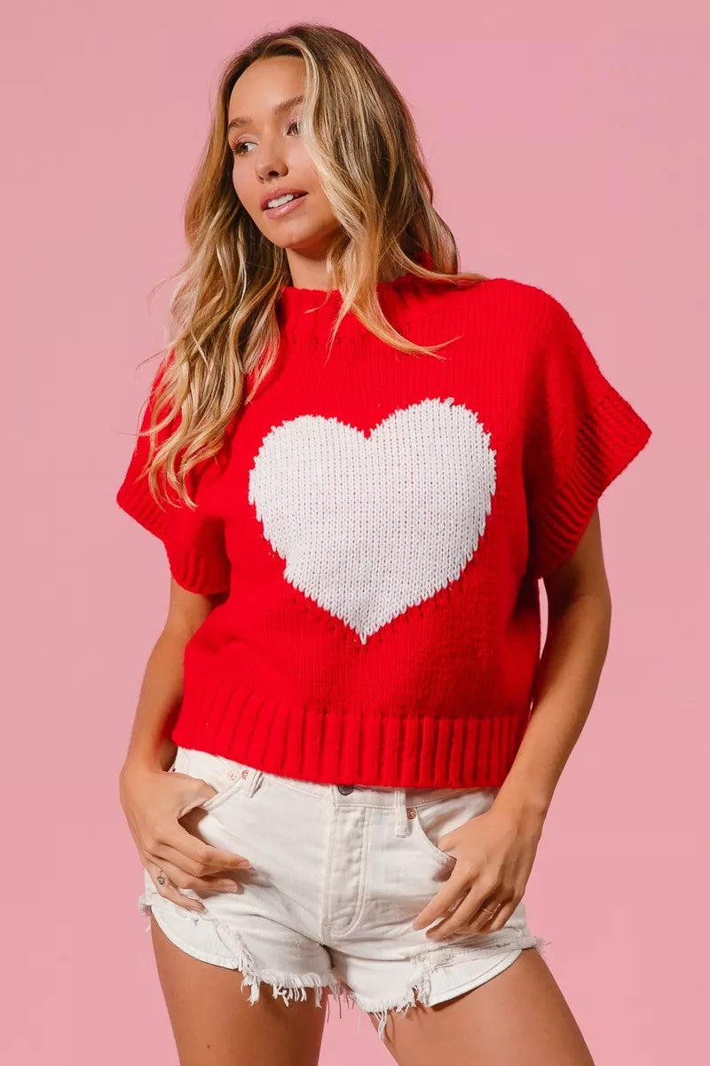 Heart Pattern Rib Banded Sweater in Red and Ivory view 15