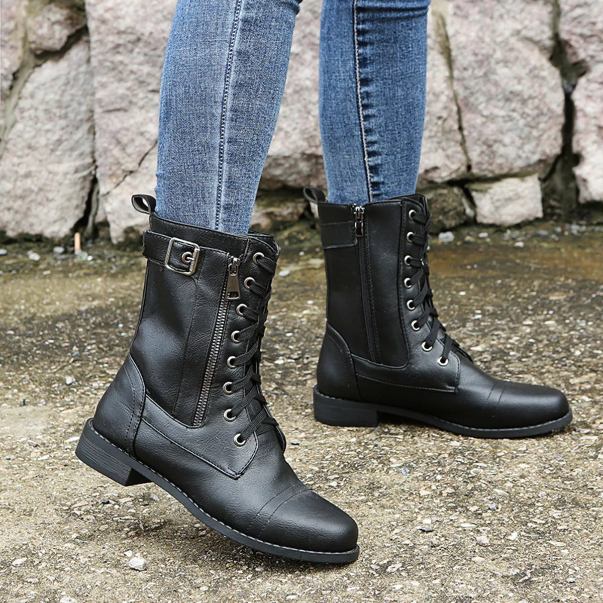 Lace Up Ankle Boots with Zipper Detail close up of the upper