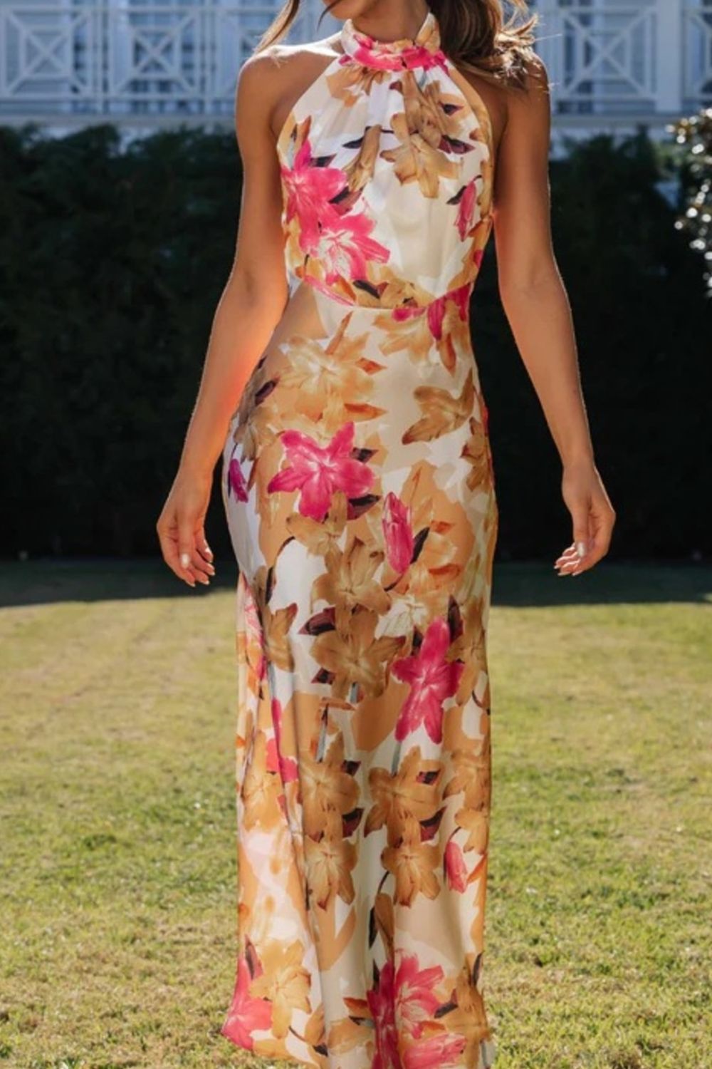 floral halter neck maxi dress with leg slit back view