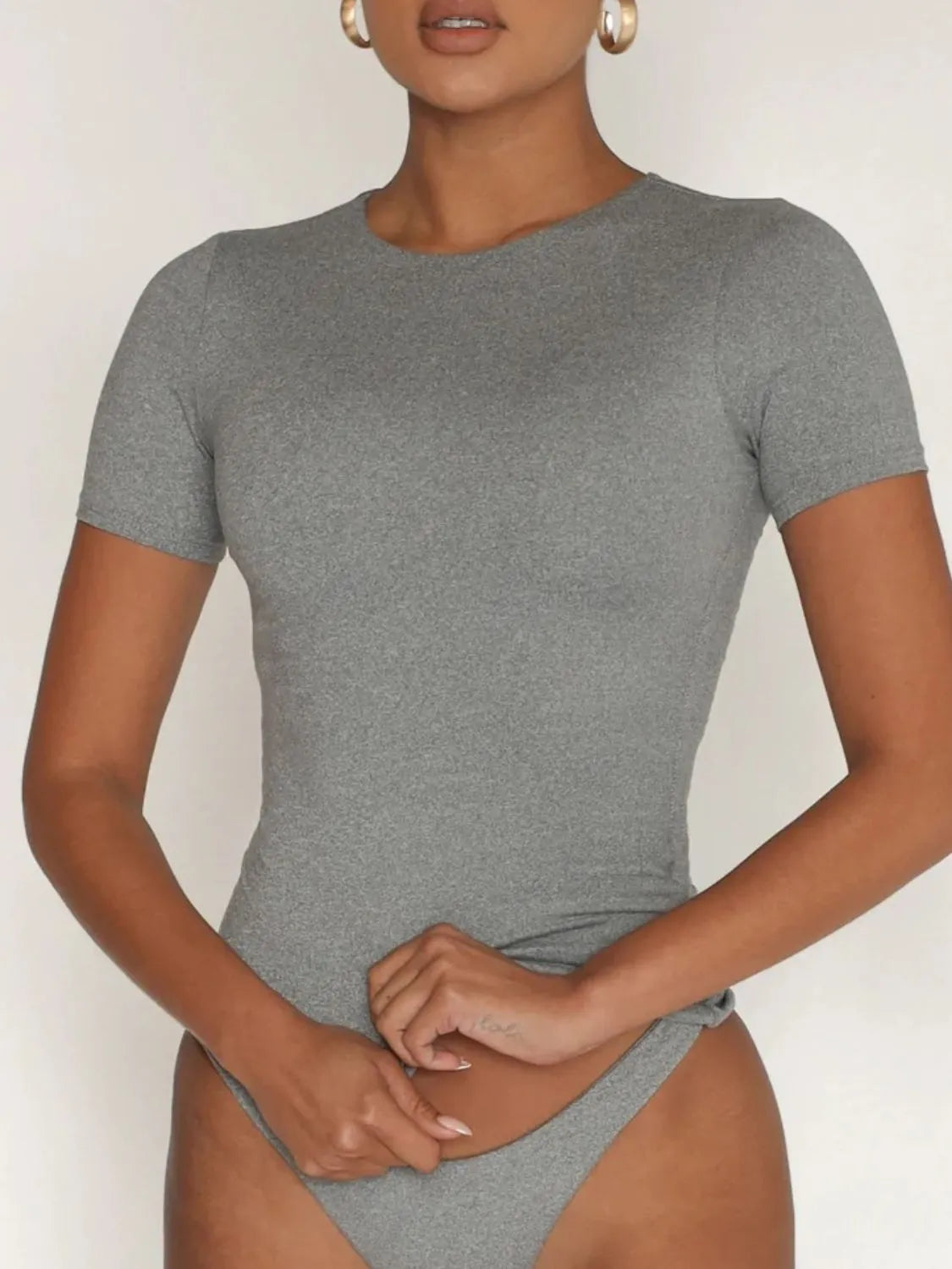 Round Neck Short Sleeve Swim Top Gray - Fashorio