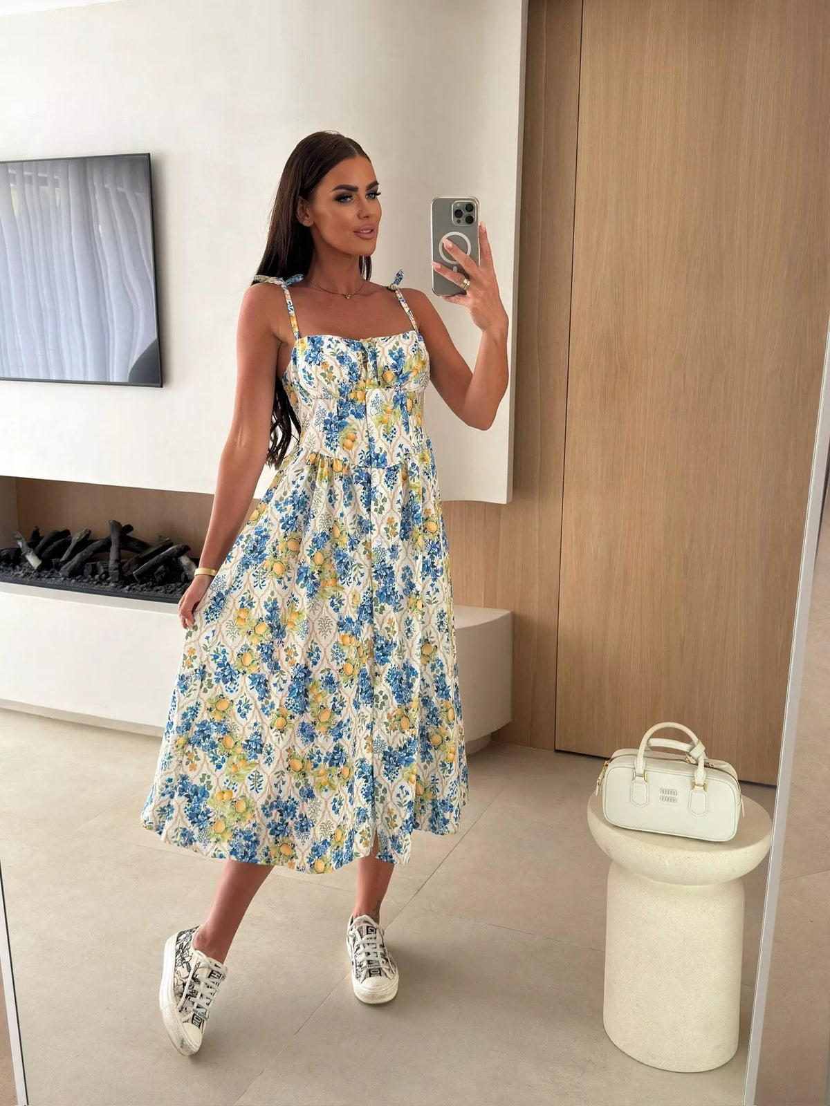 Printed tie strap midi dress back view