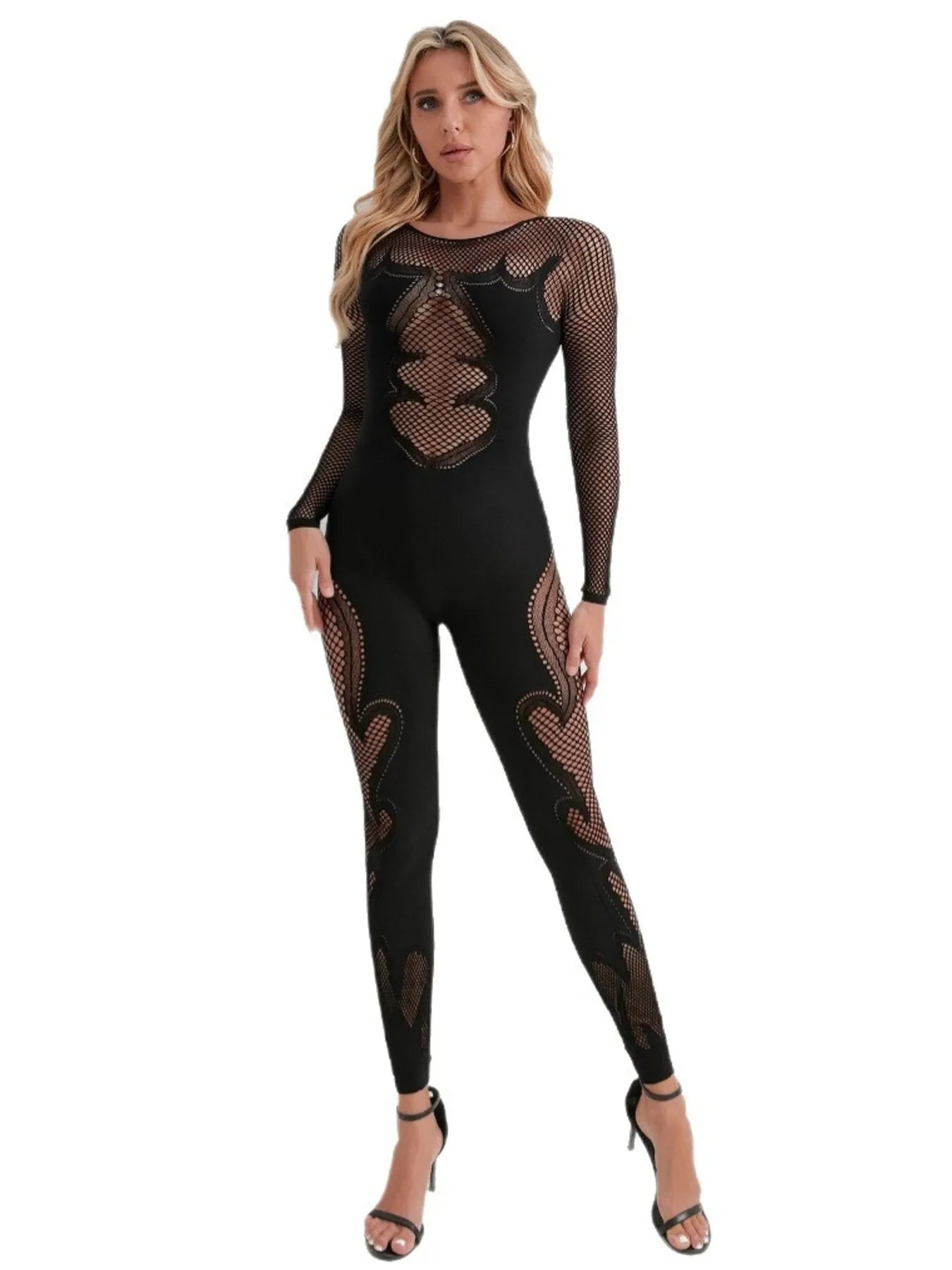 Fishing Net Sheer Long Sleeve Jumpsuit - Fashorio