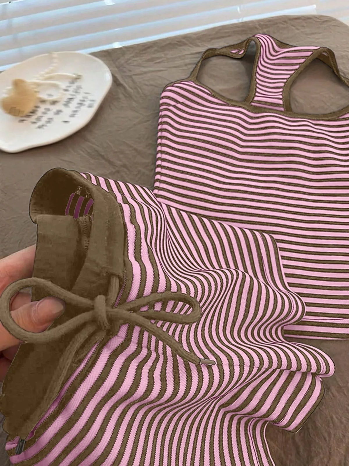 Coordinated striped tank and shorts side view