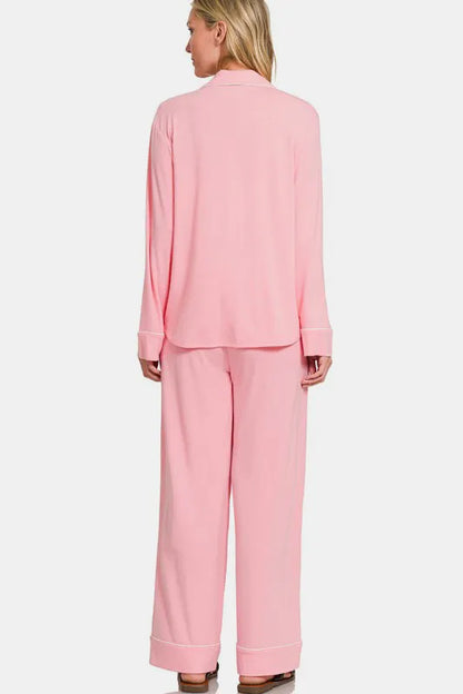 Zenana Button Down Long Sleeve Top and Pants Lounge Set - Fashorio