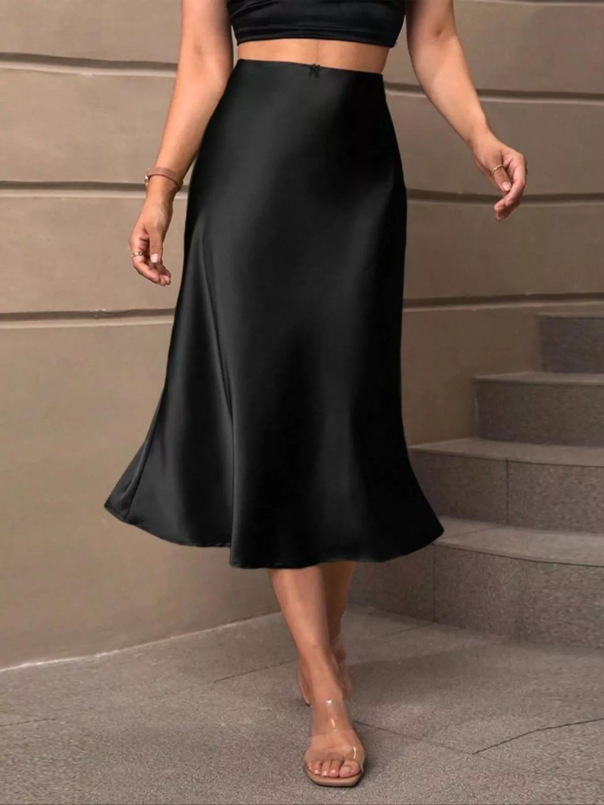 black satin midi skirt front view