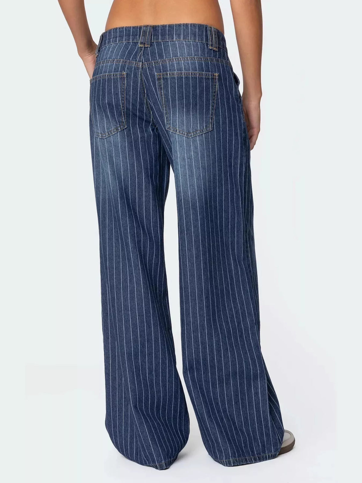 Back view of striped wide leg denim