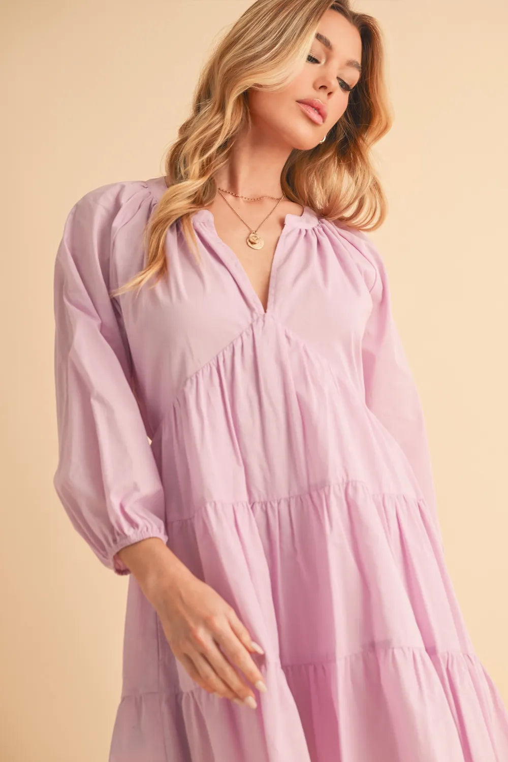 Tiered skirt detail on lilac mini dress