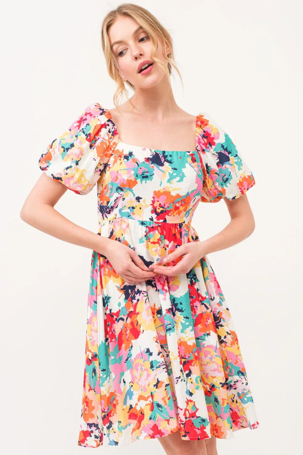 Square Neck Puff Sleeve Floral Dress back view