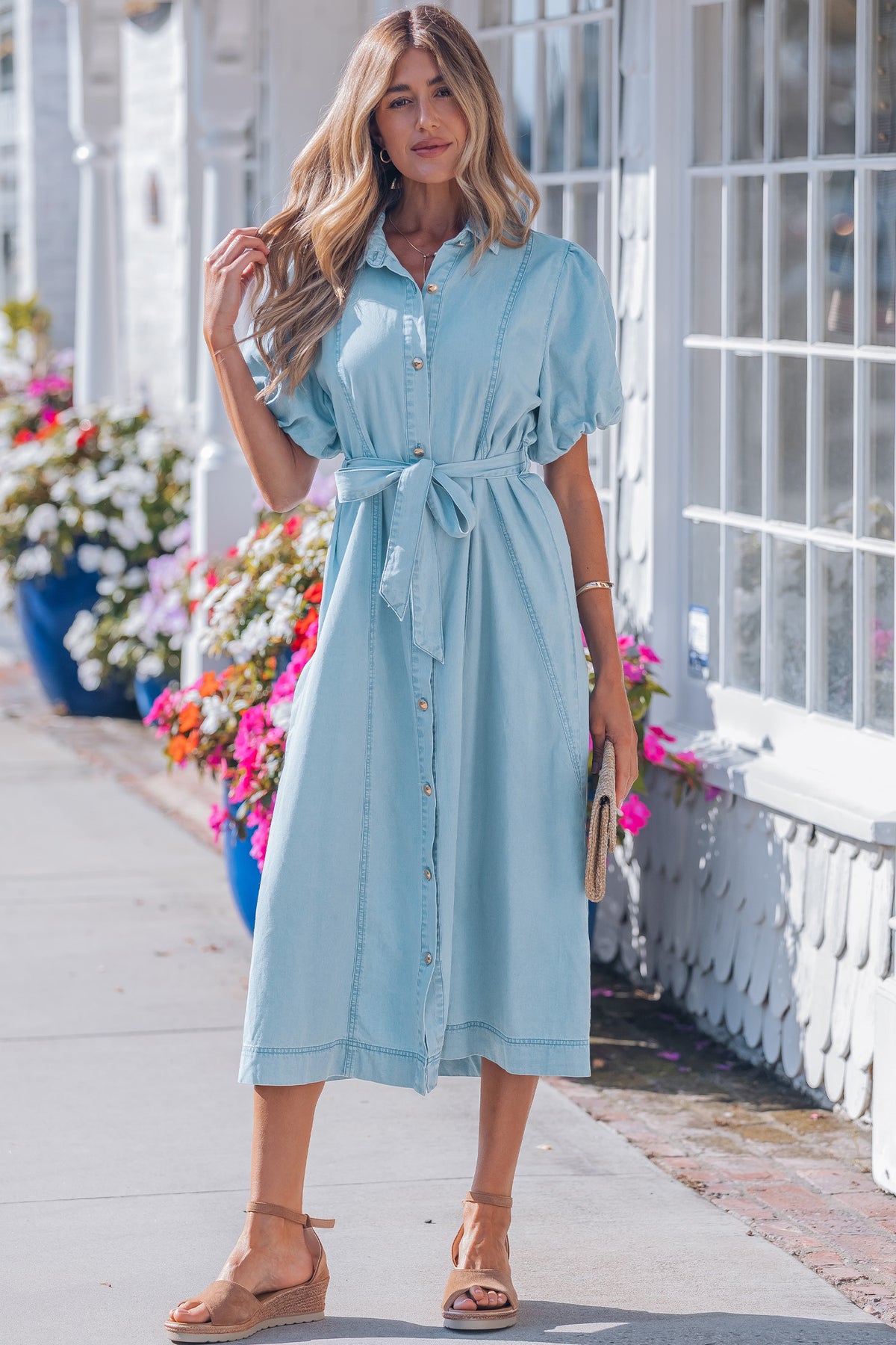 Blue denim button down long dress front view