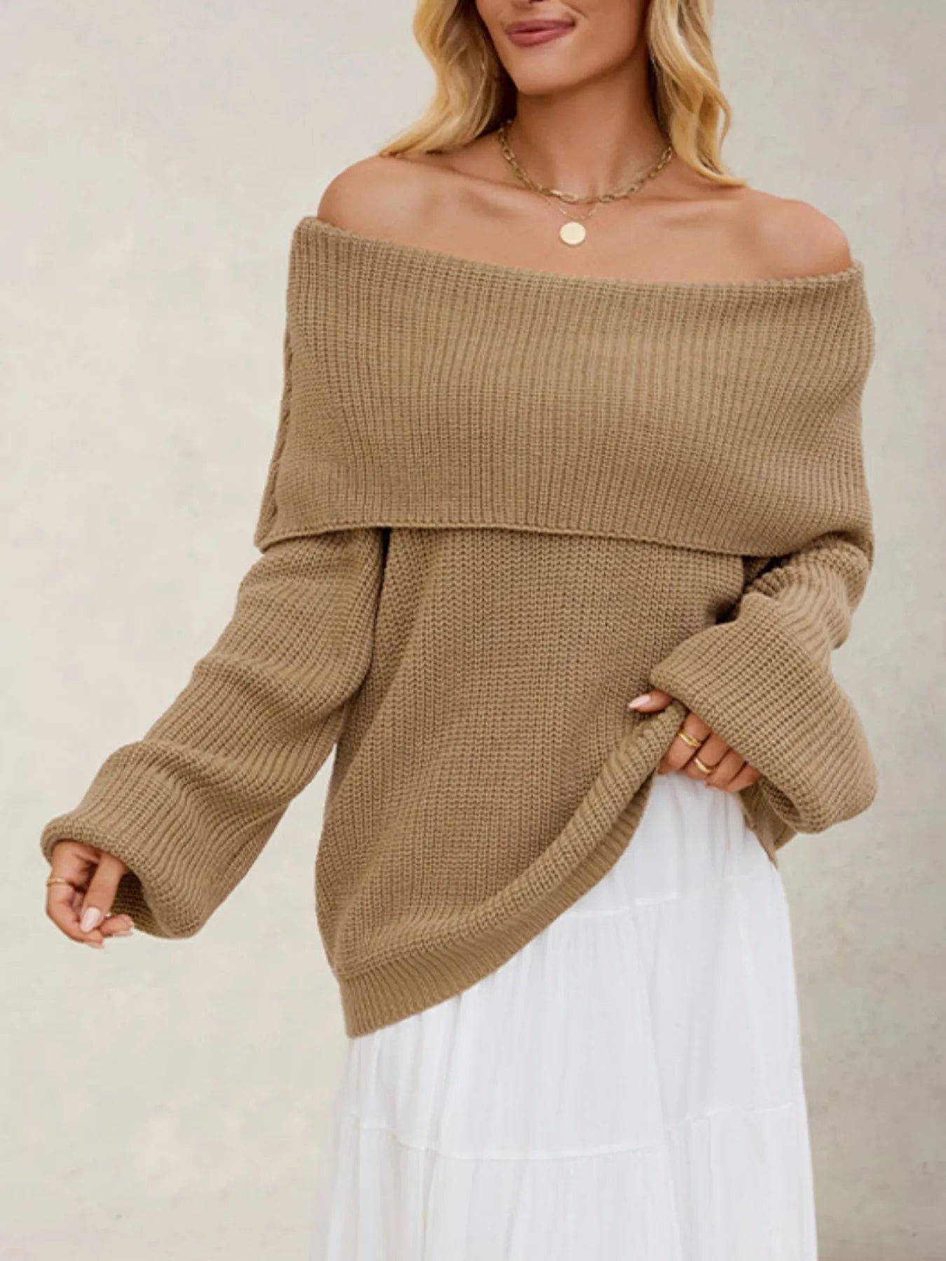 Fold-Over Collar Long Sleeve Sweater Khaki - Fashorio