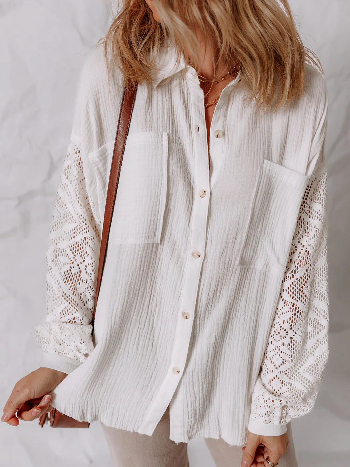 Lace sleeve button down shirt front view