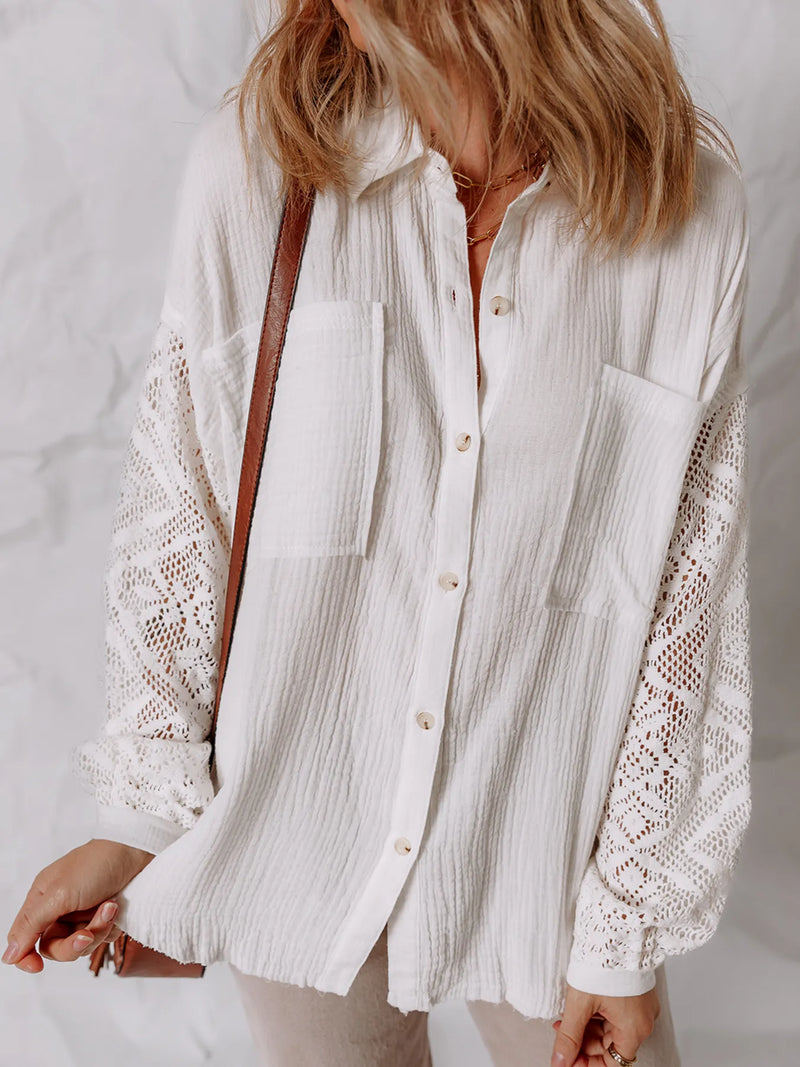 Lace sleeve button down shirt front view