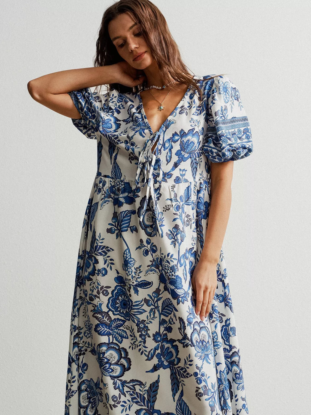 floral tie neck puff sleeve maxi dress in navy back view